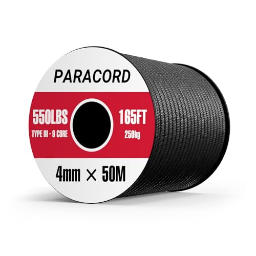 Paracord 4mm 50M - Paracord 550 Tipo III 9 Hebras, Cuerda y Cordón 100% Poliéster, para Camping/Supervivencia/Correa de Perro/Collar/Pulsera, Máx. 250 kg/550 lbs (Negro)