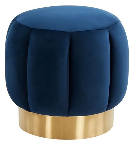 SAFAVIEH Couture Home Maxine Navy Velvet Channel Tufted Living Room Bedroom Vanity Foot Stool Round Ottoman (Fully Assembled)