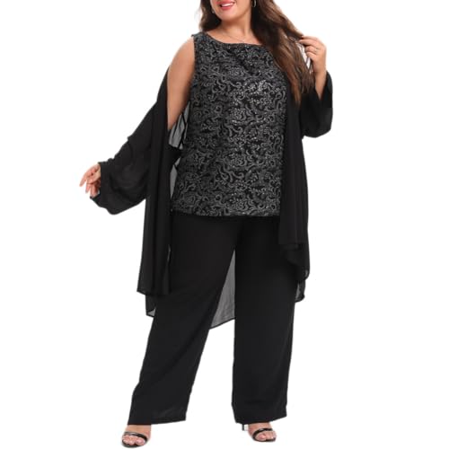 Women's Plus Size Mother of Bride Pant Suits 3 Piece Chiffon Elegant Sets Lace Wedding Guest Outfit3
