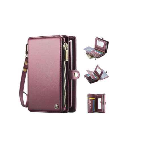 Image of Passport Wallet with AirTag Holder, RFID Blocking Passport Holder for Travel Family, PU Leather Document Organizer with 11 Card Slots & Wrist Strap, Wine