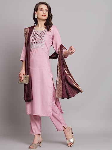 Image of VredeVogel Women Cotton Slub Straight Kurta Set With Pant and Net Embroidery Dupatta