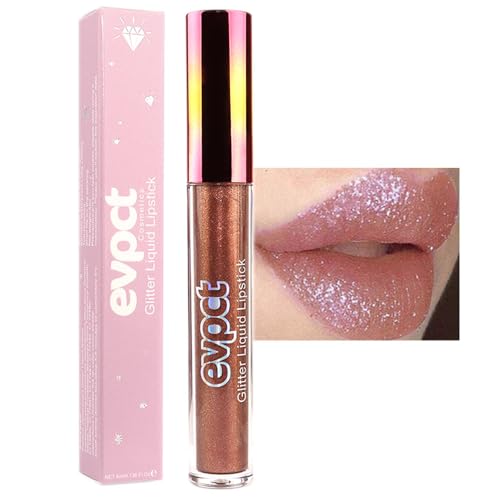 Image of evpct 1Pcs Nude Gold Glitter Metallic Shimmer Diamond Lipstick Lip Gloss Stain Set for Women Long Lasting Waterproof, Nude Brown Sparkle Glitter Matte long Wear Liquid Lipstick Lip Makeup Kit, 14#