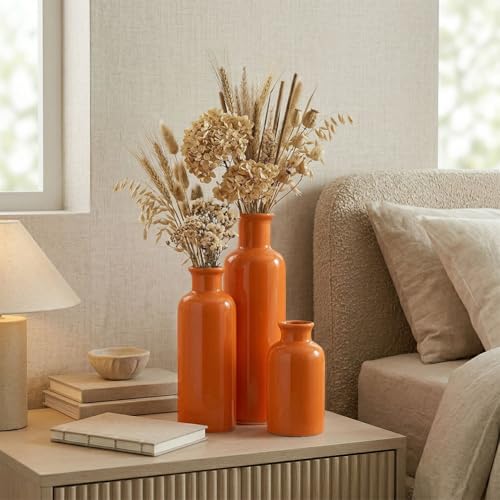 Image of Ceramic Vase Set - 3 Orange Small Vases, Farmhouse Country Flower Vase Home Decor, Living Room Decoration, Table Decoration, Fireplace Decor, and Entrance Decorations Centerpieces