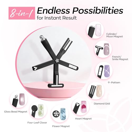 Image of Modelones Cat Eye Magnet Black 8-in-1 Tool Strong Magnetic for Cateye Gel Polish | Steel Ball, Glass Bead& French Tip&Clover Cateye Multi-Effect Nail Magnet DIY Salon
