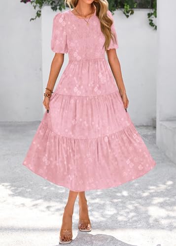 Image of KIRUNDO Womens Summer Dresses Wedding Guest Floral Midi Sundress Short Puff Sleeve Flowy A Line Smocked Tiered Boho Dress