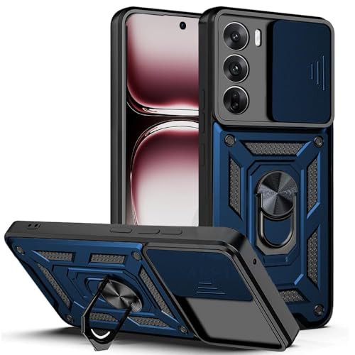 Image of SPAZY CASE Plastic Oppo Reno 12 Pro 5G Back Cover | Thermoplastic Polyurethane Heavy Duty Hybrid Case with 360 Degree Rotating Finger Ring Holder + Slider Shutter Camera Protection Case- Blue