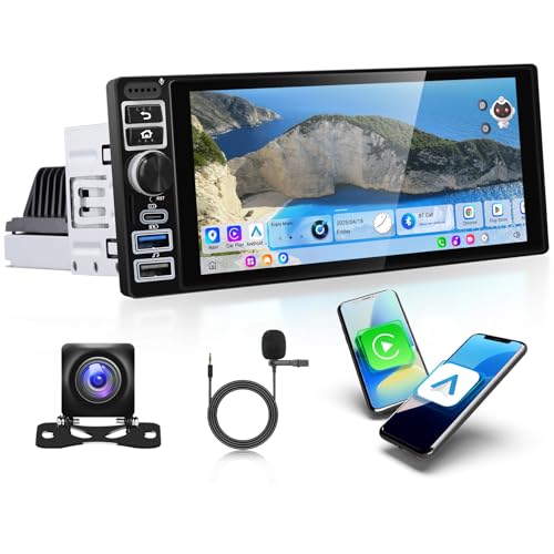 【2+64G】 Hodozzy USB-C/USB Radio Coche Android 1 DIN con Carplay Android Auto, Autorradio Bluetooth con Pantalla de 6.9 Pulgadas, GPS WiFi Mirror Link con RDS FM y Cámara de Visión Trasera