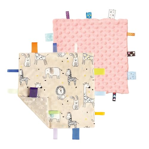 Image of CREVENT Soft Baby Lovey Security Blanket, Small Plush Comfort Blanket for Baby Girls, Sensory Soothing Toy, Newborn, 10 inch x 10 inch 2pcs