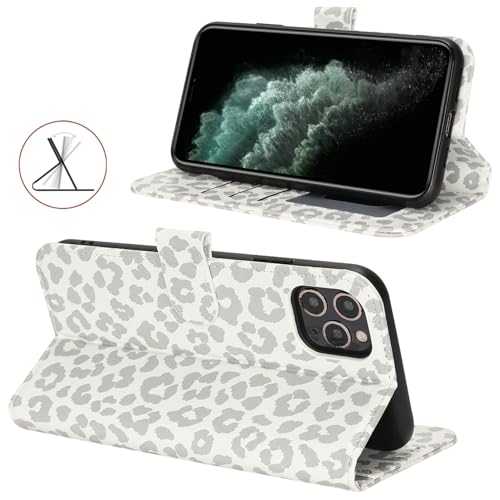 Image of for iPhone 11 Pro Max Case Wallet with Card Holder,for iPhone 11 Pro Max Wallet Case for Women Men,PU Leather Shockproof Magnetic Buckle Stand Flip Phone Case-White Leopard