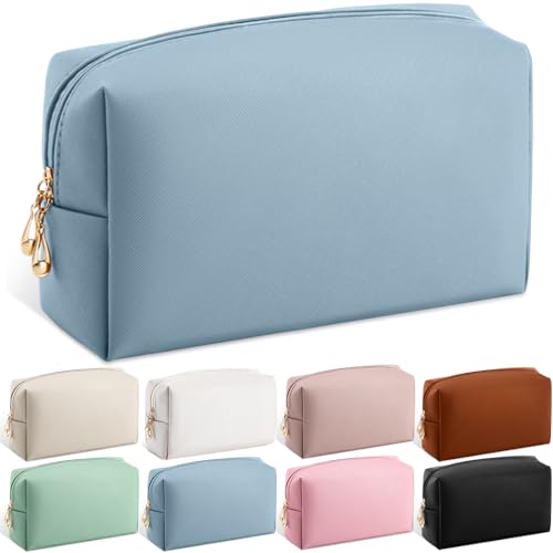Kigeli Leather Makeup Bag PU Leather Cosmetic Pouch Waterproof, Haze Blue