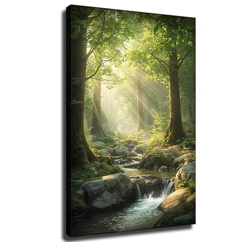 Sunlit Forest Stream Wall Art, Peaceful Woodland Waterfall Landscape for Living Room Bedroom Decor, Serene Nature Wall Art (Framed,Wrapped Canvas,24 * 36inch)