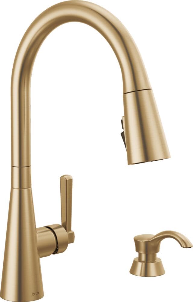 Boyd Brushed Gold Kitchen Faucet with Pull Down Sprayer and Soap Dispenser, Modern Single Hole Kitchen Sink Faucet, Single Handle, Champagne Bronze 19893Z-CZSD-DST