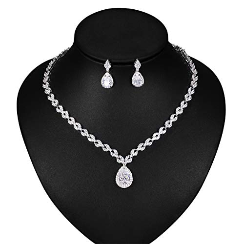 WeimanJewelry Silver/Gold Plated Women Cubic Zirconia CZ Marquise Teardrop Bridal Tennis Necklace and Drop Earring Set for Wedding Brides (Silver)3