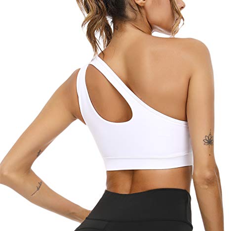 Sykooria Womens One Shoulder Sports Bras Workout Yoga Bra Sexy Cute Medium Support White - Image 3