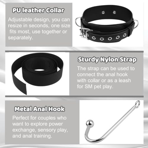 Image of BDSM Anal Hook with Adjustable Leather Collar & Sex Strap, Sex Bondage Butt Plug Anal Plug Anal Bead, Bed Restraints Bondage Gear Anal Sex Toys for Men Women Beginner Couples Kinky Fetish SM Game