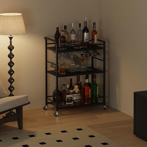 Image of 3 Tier Bar Cart, Small Beverage Cart, Mini Bar Cart with Wine Rack, Home Bar Serving Cart with Wheels for Kitchen Dining Living Room (Black, General) GBC507B