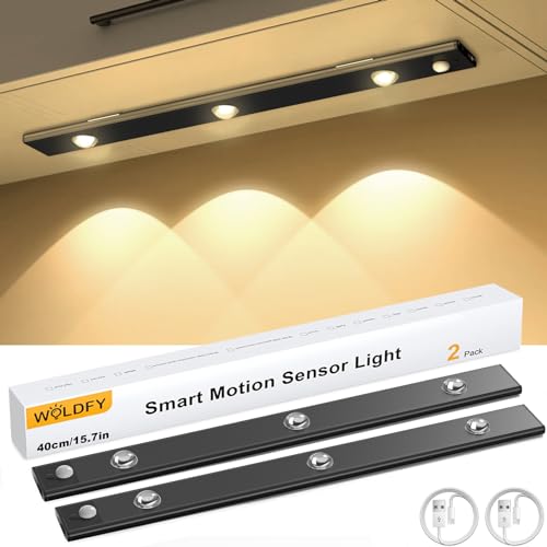 WOLDFY 3 Color Tempers Dimmable Under Cabinet Lights Wireless[2 Pack], Rechargeable LED Motion Sensor Lighting Indoor, Magnetic Closet Lights (Black-2000mAh-15.7in)