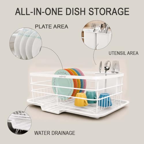Image of ZOLMIX Dish Drying Rack, Dish Drainer Basket with Drainer Tray, Utensils Drying Rack Anti-Rust Detachable Cutlery Holder, Bartan Basket with Drain Tray, Kitchen Utensils Organizer, White (42x32x13 cm)