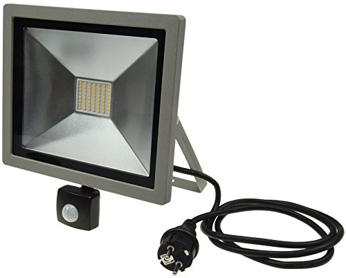 ChiliTec Au&szlig;enstrahler 50 Watt mit Bewegungsmelder IP44 Wetterfest 5220 Lumen 4000K Wandhalter einstellbar mit 1,5m Kabel anschlussfertig Grau