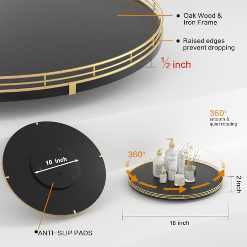 Image of Oroyutor 18 inch Oak Wooden Lazy Susan Turntable for Dining Table, Large Round Lazy Susans Organizer for Kitchen Countertop, Tabletop 360Rotating Tray for Spice Organization Gold Black Home Decor