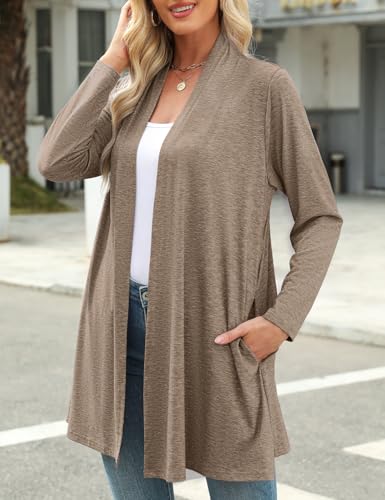 Image of JollieLovin Women's Plus Size Long Sleeve Lightweight Cardigans Open Front Casual Soft Drape Fall Dusters(3X,D-Khaki)