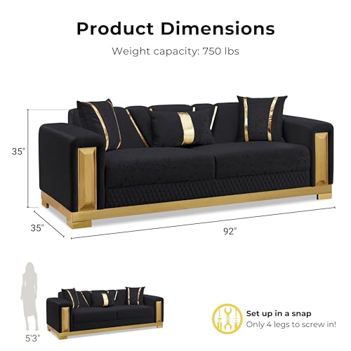 Image of Furniture of America Samison II Glam Solid Wood Upholstered Couch with Accent Pillows, Damask Pattern and Gold Base, Comfortable Sofa for Living Room, Bedroom, Office, Black