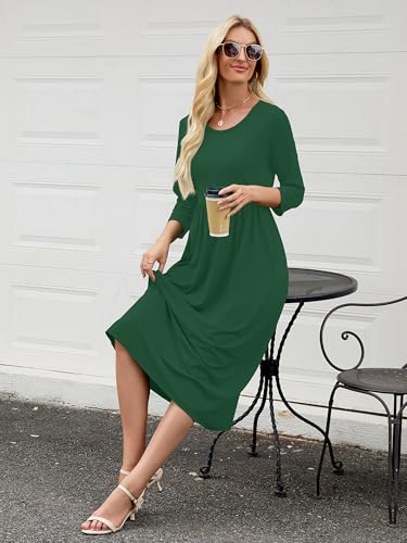 Image of Heymoments Women's Casual 3 /4 Sleeve Midi Dress Crewneck A Line Tiered Flowy Loose Travel Long Dresses with Pockets