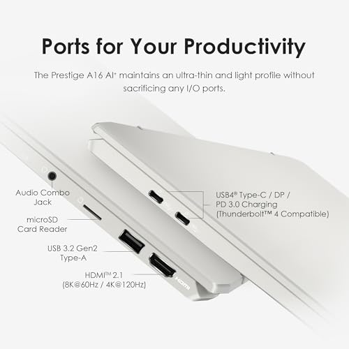 Image of MSI Prestige A16 AI+ (2024) 16 inch QHD+ Business Laptop: AMD Ryzen AI 9-365, Radeon Graphics, 32GB LPDDR5x, 1TB NVMe SSD, Type-C, WiFi 7, Win 11 Home: Urban Silver A3HMG-016US