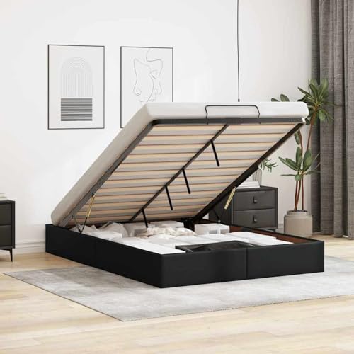 Fecpoo WGYHOME Cama otomana negra de 140 x 190 cm de piel sintética con mecanismo de elevación hidráulica y espacio de almacenamiento para dormitorio