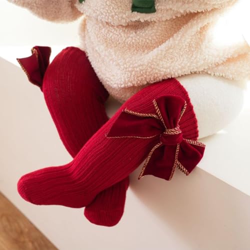 Merqwadd 4-Pack Baby Girls Knee High Socks Infants Toddlers Bow Knit Socks Cotton Tube Ruffled Stockings3