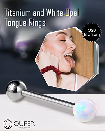 OUFER Titanium Tongue Rings - White Opal Tongue Jewelry, Internally Threaded, Straight Barbell for Women & Men2