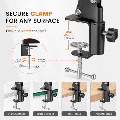 Image of One94Store Overhead LED Desk Lamp with Clamp | 360 Adjustable Swing Arm Table Light, 3 Color Modes & 10 Brightness Levels, Eye-Caring Reading Lamp with Memory Function for Study, Office & Home, Black