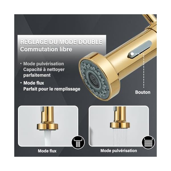 Robinet Cuisine Doré 360° Robinet de Cuisine avec 2 Modes de Pulvérisation Douchette Extensible Mitigeur Cuisine Monocommande Evier