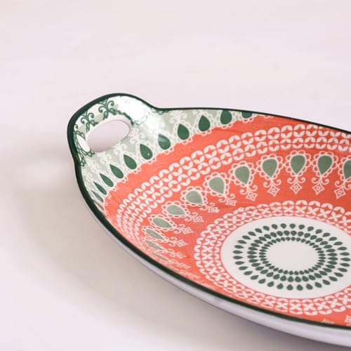 Image of Nestasia Set of 2 Mandala Ceramic Long Dish with Handles (10.8 Inch Each) - Elegant Oval Serving Platters for Snacks, Appetizers, Salads, and Noodles | Microwave & Dishwasher Safe (Red & Green)