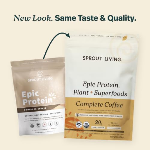 Image of Sprout Living, Epic Protein, Plant Based Protein & Superfoods Powder, Complete Coffee | 20 Grams Organic Protein Powder, Adaptogens, Mushrooms, Vegan, Non-GMO, Gluten Free (1 Pound, 12 Servings)