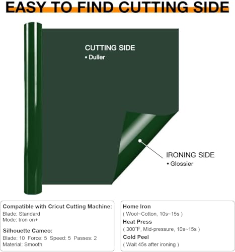 Image of HTVRONT HTV Vinyl Rolls Heat Transfer Vinyl - 12 inch x 8ft Dark Green HTV Vinyl for Shirts, Iron on Vinyl for All Cutting Machine - Easy to Cut & Weed for Heat Transfer Design (Dark Green)