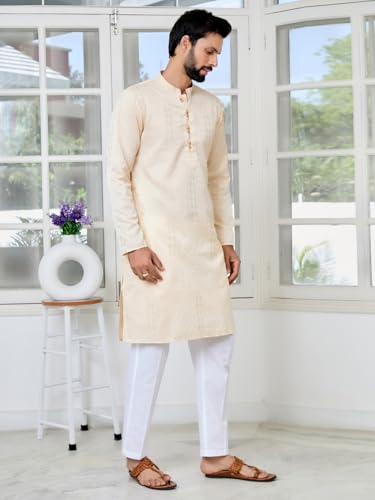 Image of See Designs Men's Full Sleeve Mandarin Collar Floral Embroidered Mandarin Collar Thread Work Straight Long Kurta with Pyjama - Festive Collection