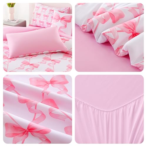 Image of DORCAS Bow Comforter Set Full Bed in A Bag for Girls,6 Pieces Pink Bow Bedding Sets with Sheets for Kids