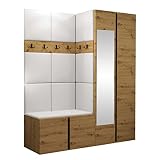 Juego de armario Monati XII, armario con espejo, zapatero, 2 tablas de gancho, panel acolchado, panel de pared, 6 ganchos dobles, perchero de pasillo (roble Artisan/negro, Soft 017)