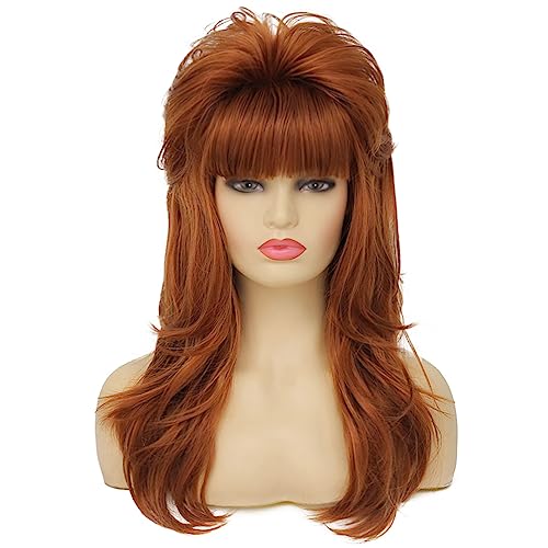 Dai Cloud 80s Women Brown Mullet Wig Long Wavy Ginger Bouffant Synthetic Hair wigs for Married Housewife Vintage Costume or Halloween Party