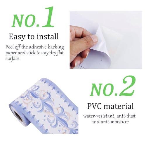 Cenefa de papel de pared autoadhesiva Sourcingmap con diseño de flores azul y blanco 4