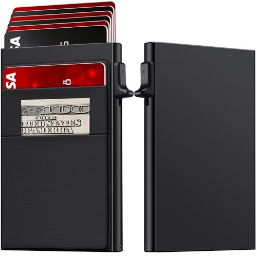 Wallet for Men Slim Card Holder, Minimalist RFID Blocking Wallet with Smart Pop-Up, Ultra-Thin Compact Front Pocket Metal Business Card Case with Money Pocket for Bills & Coins, Gifts for Men, Black