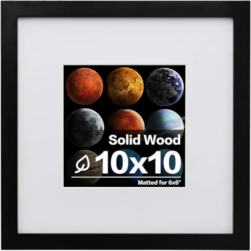 Egofine 10x10 Picture Frame, Made of Solid Wood with Plexiglass, for Tabletop and Wall Hanging Display Picture 6x6 with Mat or 10x10 Without Mat, Black