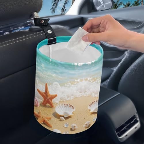 Image of Beach Sea Shell Print Car Trash Can - Multi-Purpose, Waterproof, Leak-Resistant, Easy to Clean, Car Interior Decoration
