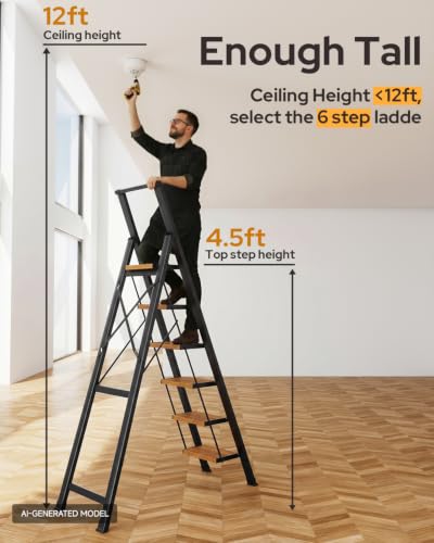 Image of 6 Step Ladder for 12 Feet High Ceiling, Lightweight Aluminum Folding Step Stool with Convenient Handgrip, Stepladders with Anti-Slip and Wide Pedal for Home Use Space Saving - Black+Woodgrain