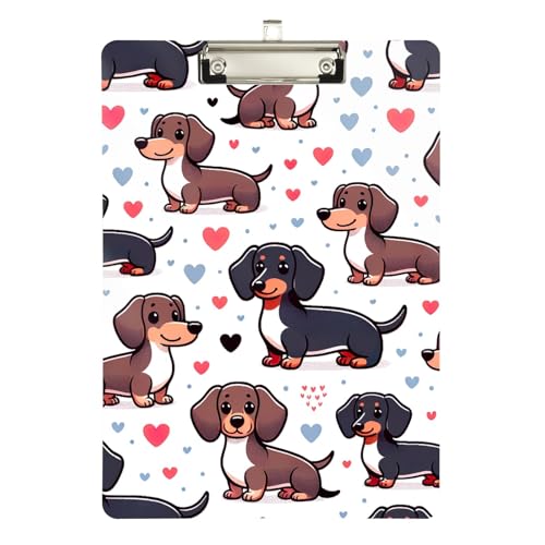 かわいいダックスフント犬ホワイト薄型クリップボード、看護師、教師用、格納式吊り下げタブ 12.5インチ x 9インチ。