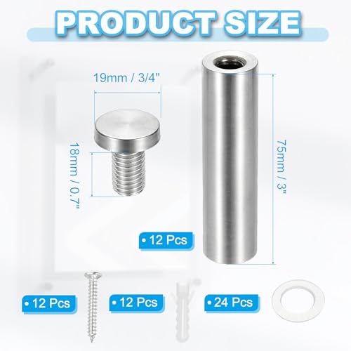 Image of PATIKIL 3 /4 inch x 3.2 inch Standoff Screws, 12 Pack Stainless Steel Wall Mount Sign Standoffs Mounting Hardware Advertising Nail for Hanging Acrylic Picture Frame, Silver