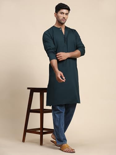 Image of Amazon Brand - Anarva Men's Cotton Solid Round Neck Kurta Long Sleeves Straight Knee Length Casual Shirt