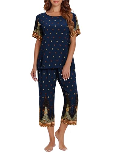 Image of Ekouaer Women's Two Piece Lounge Set Short Sleeve Shirt and Capri Pants Mumu Pajama with Pockets Loungewear Pjs Sets S-2XL