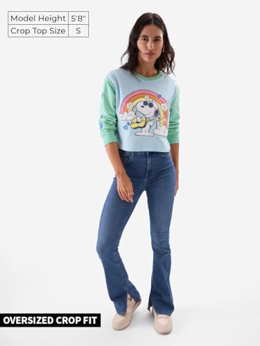 Image of The Souled Store Peanuts: Groove Women and Girls Blue Long Sleeve Round Neck Graphic Printed Oversized Crop Fit Pre-Winter Tops Sweatshirts Hoodies Pullovers Graphic Printed Colors Sportswear Casual